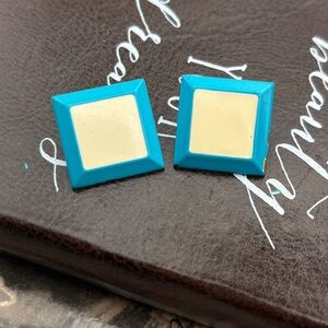 Vintage Teal Cream Square Stud Earrings 80s 90s Geometric